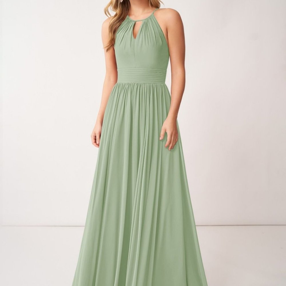 Dusty sage azazie bridesmaid dress